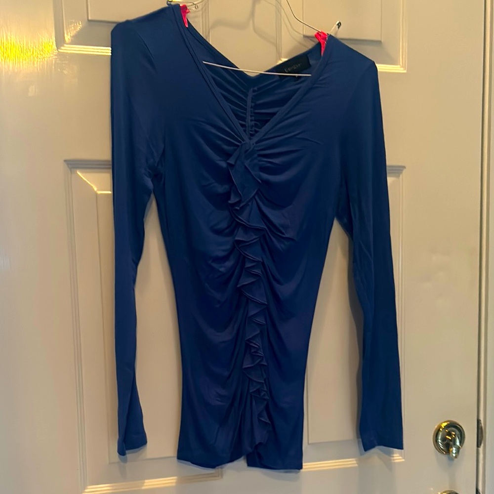 Karen Kane Blue Ruched Long Sleeve Blouse
